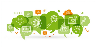 Neuer Master Wissenschaftskommunikation und Medienkompetenz Grafik im Querformat mit einer Collage aus verschiedenen grünen und orangefarbenen Sprechblasen und Denkblasen, die weiße Icons zu Wissenschaft, Forschung und Medien enthalten.